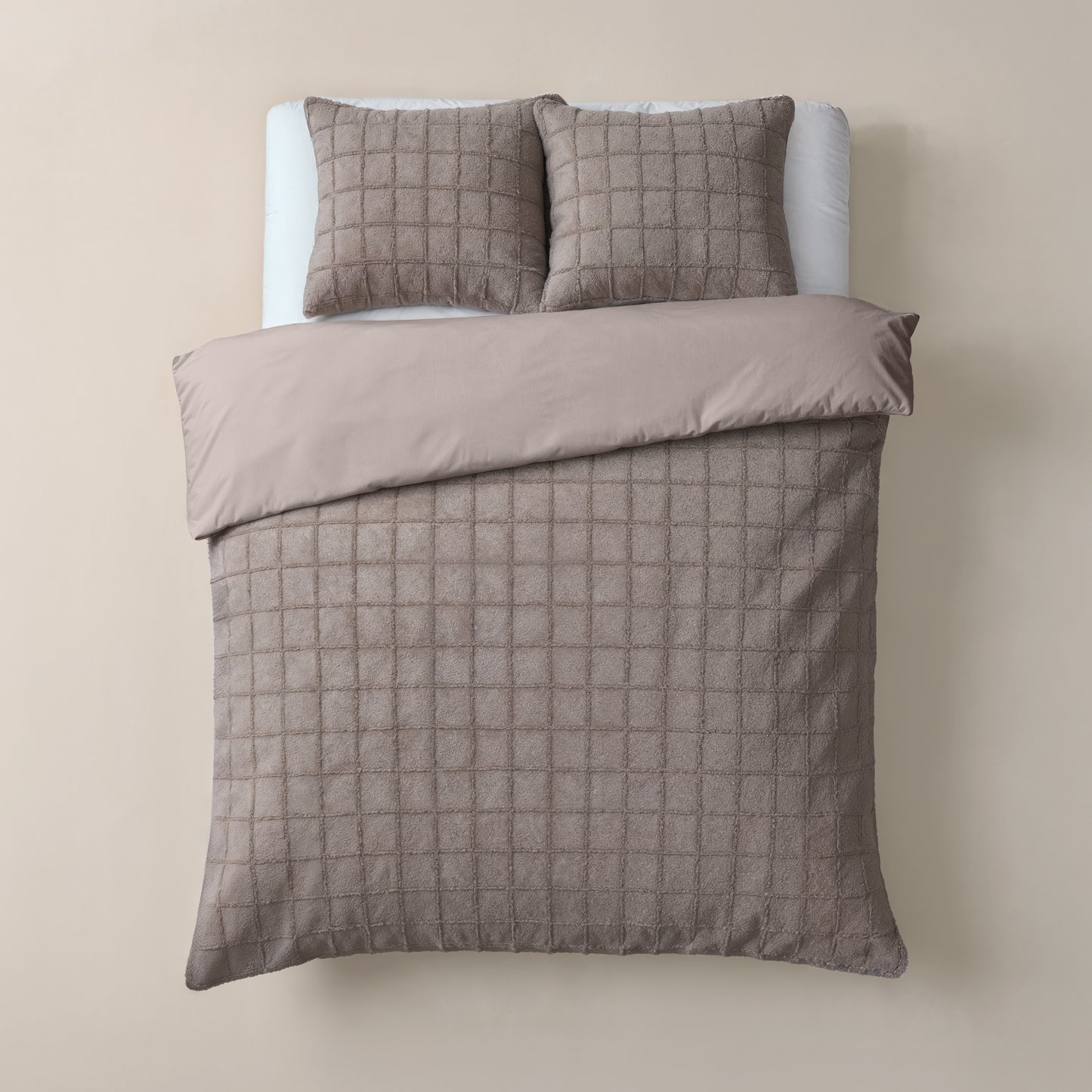 Duvet Cover Set Faux Fur Check Taupe 200x200/220