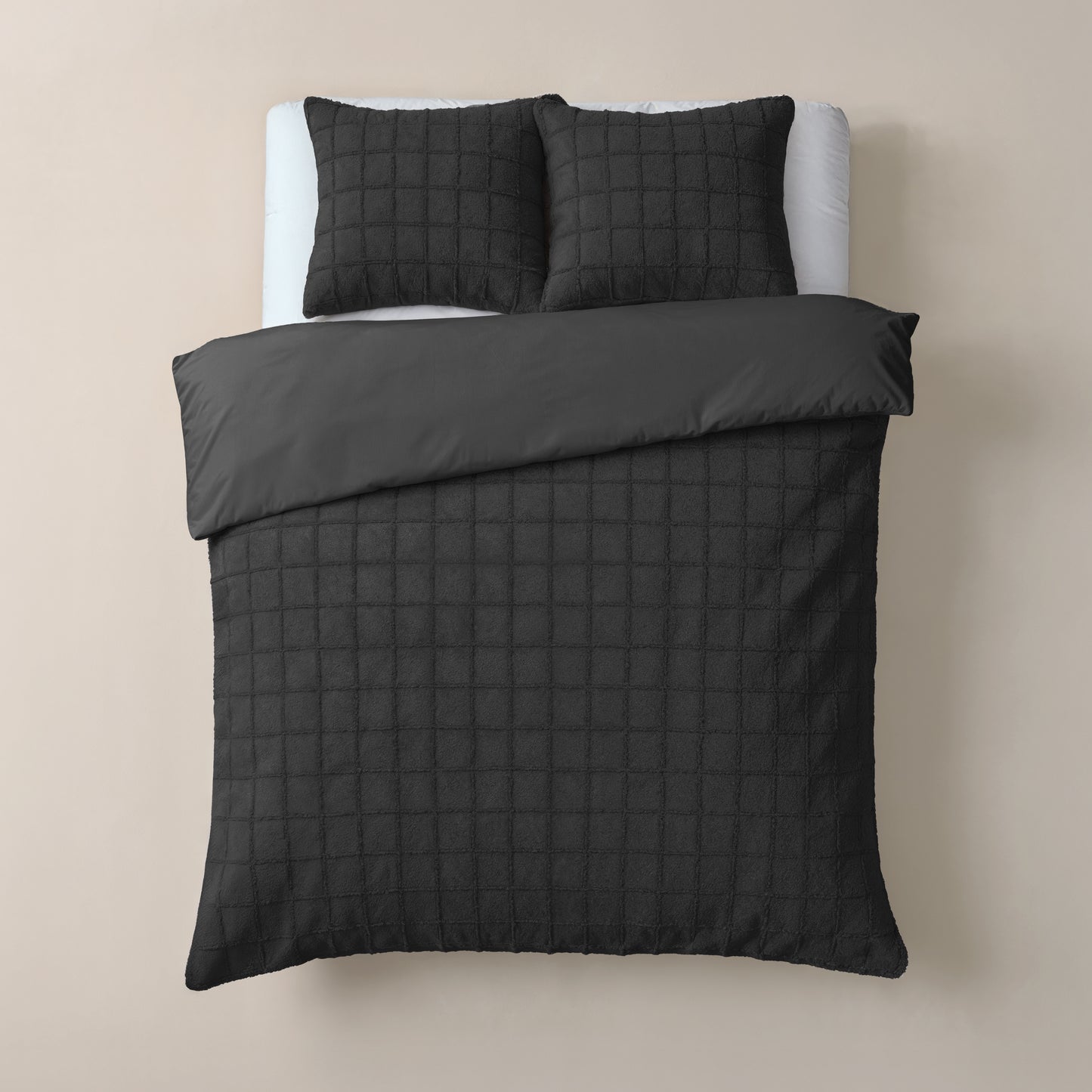 Duvet Cover Set Faux Fur Check Black 200x200/220