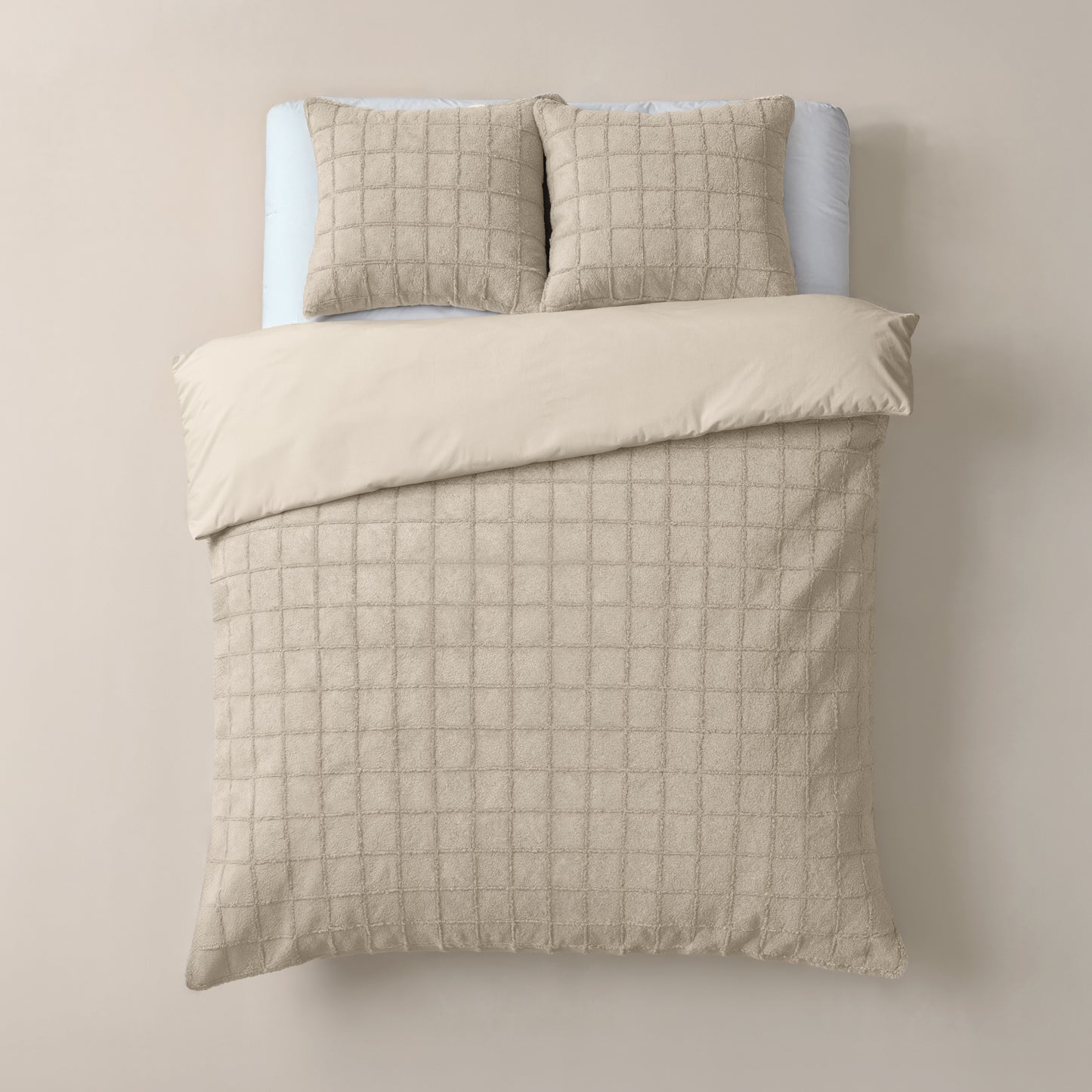 Duvet Cover Set Faux Fur Check Beige 240x200/220