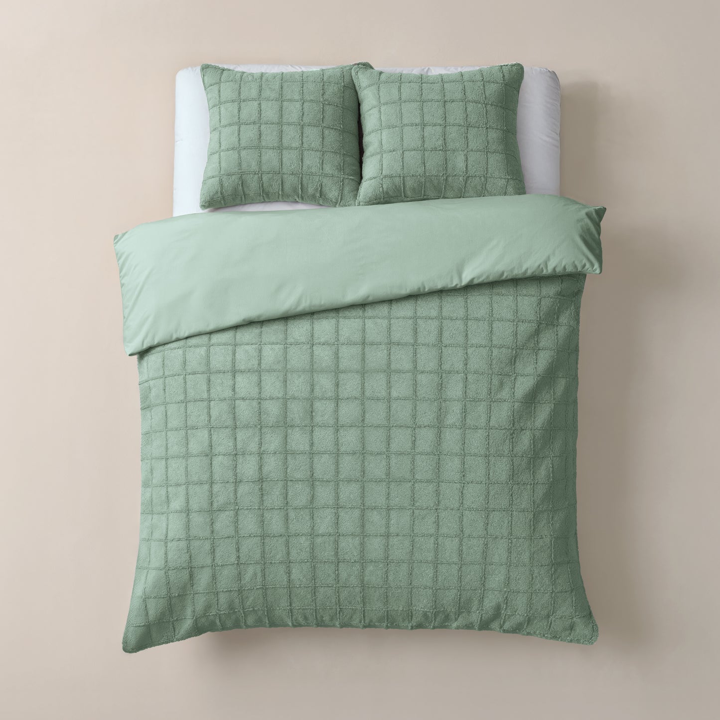 Duvet Cover Set Faux Fur Check Dark Green 200x200/220