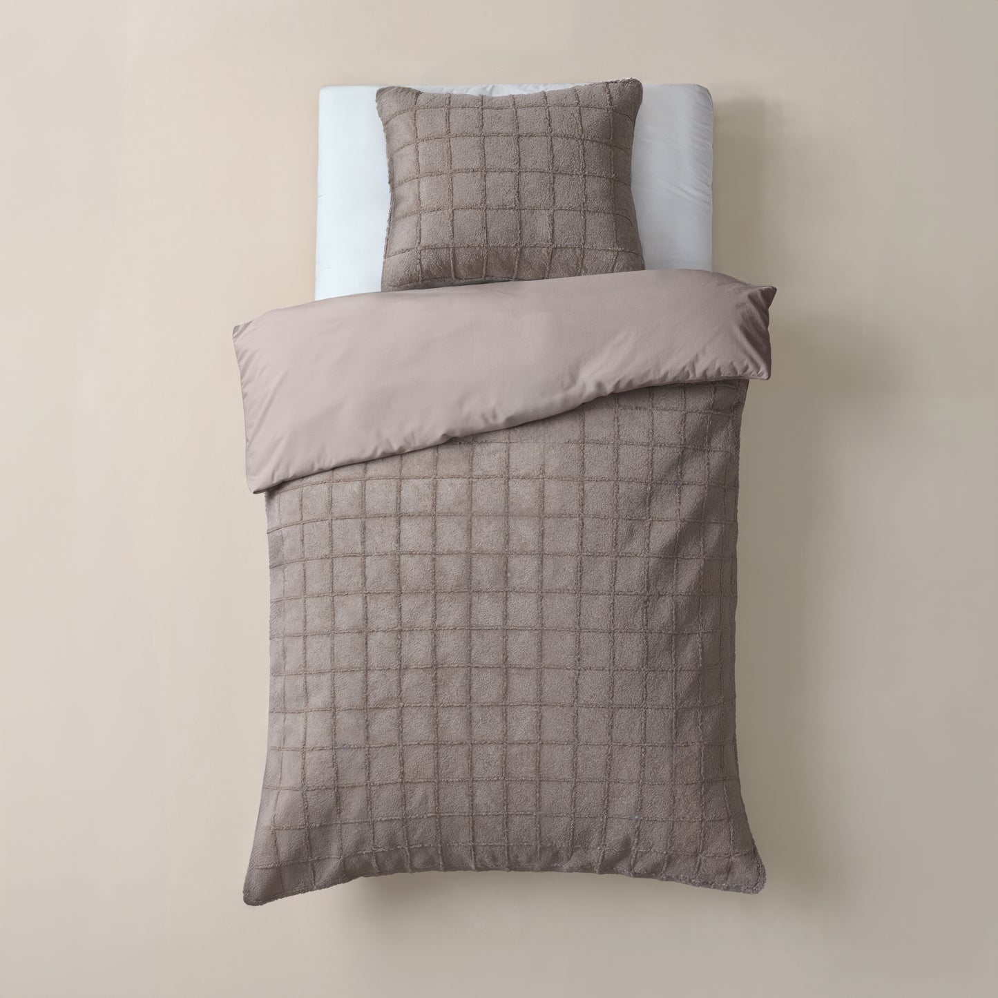 Duvet Cover Set Faux Fur Check Taupe 140x200/220