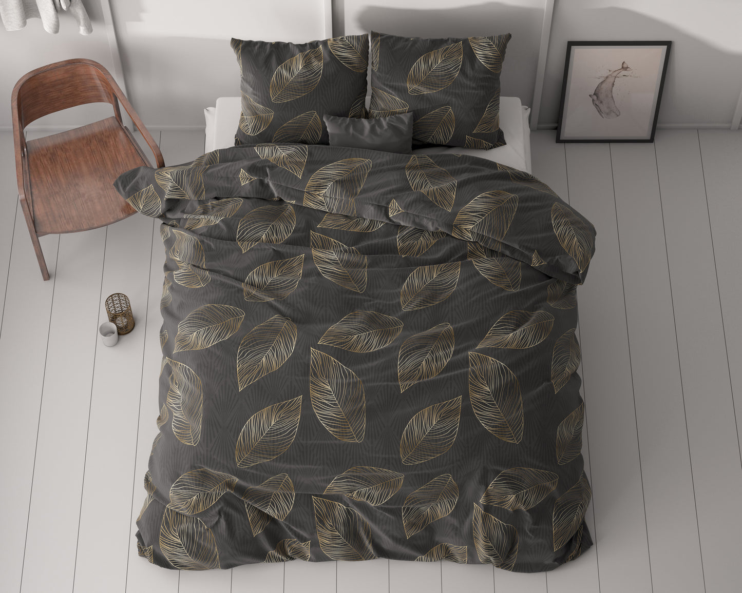 Duvet Cover Set Golden leaf Anthracite 140 x 220